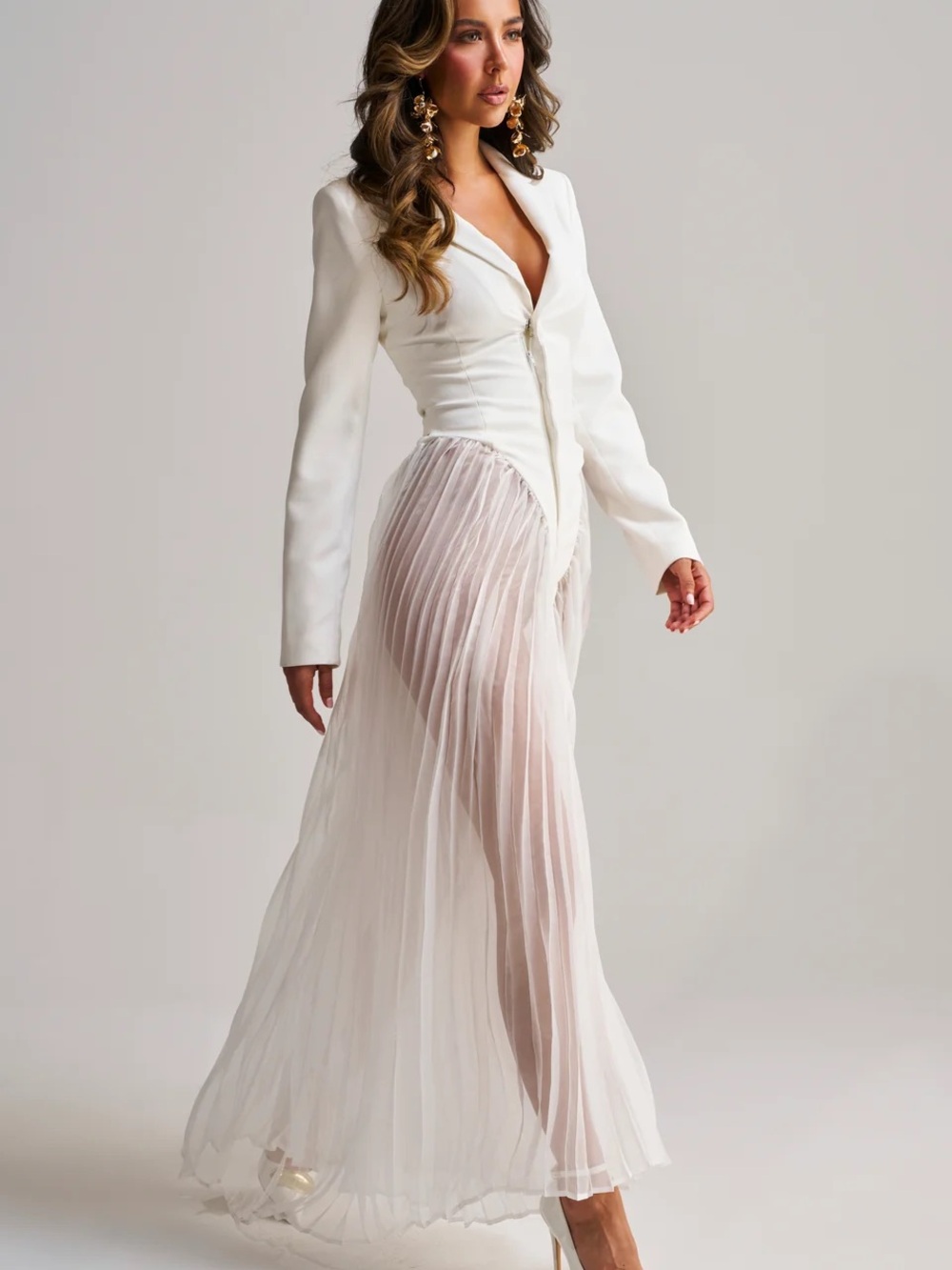 AKIRA icon behavior white pleated blazer sheer pant jumpsuit S *